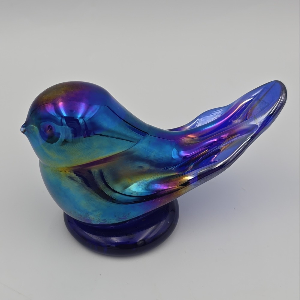 VTG Signed Leo Ward 1990 Terra Studios Rainbow Blue Bird Carnival Glass Figurine